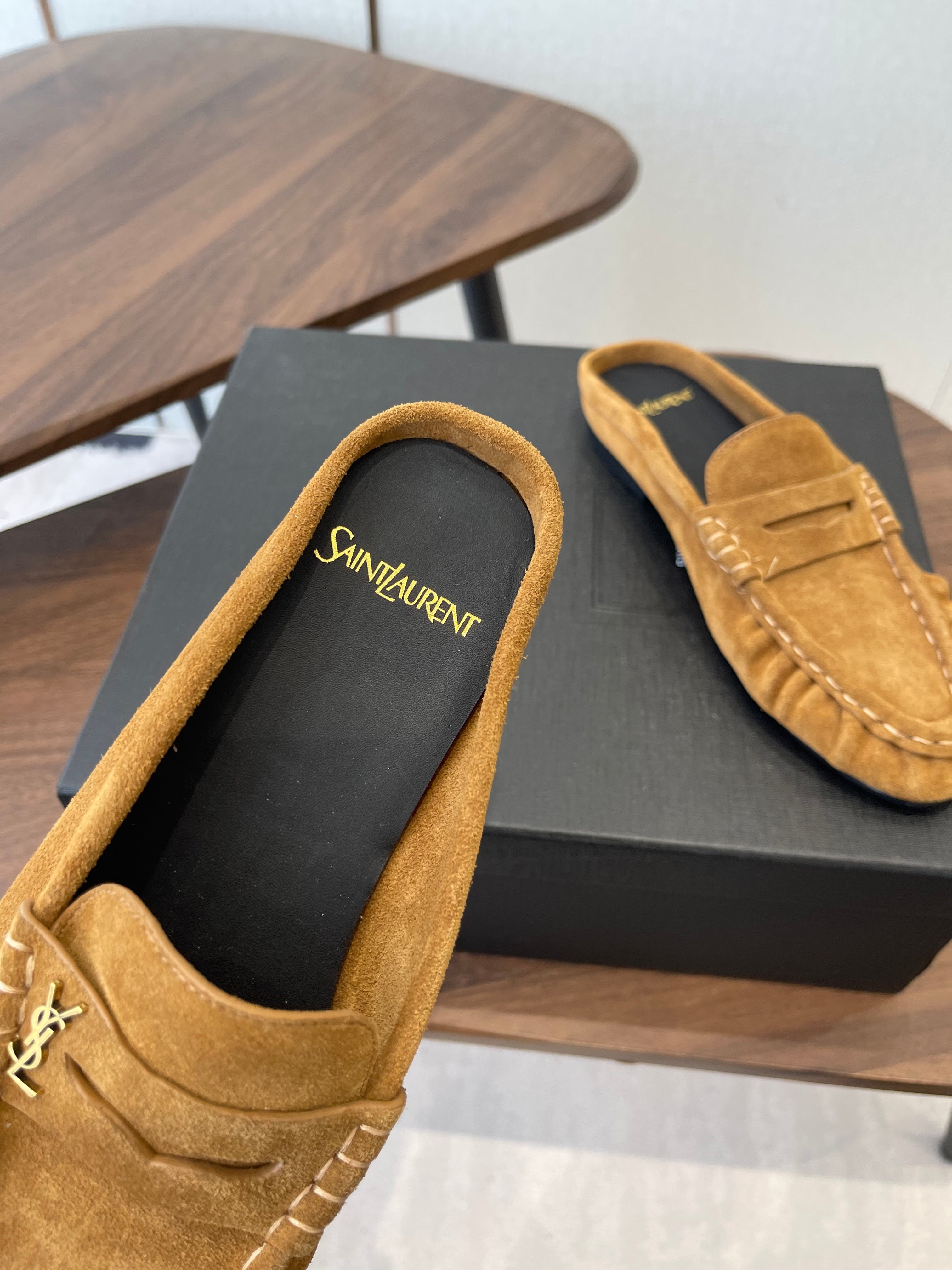 YSL 26S LOAFER MULES IN CAMEL BROWN SUEDE