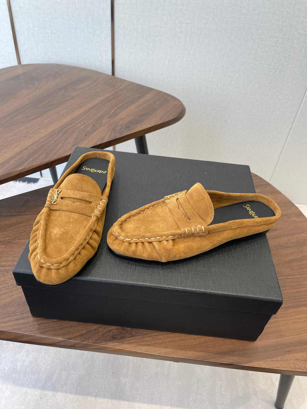 YSL 26S LOAFER MULES IN CAMEL BROWN SUEDE