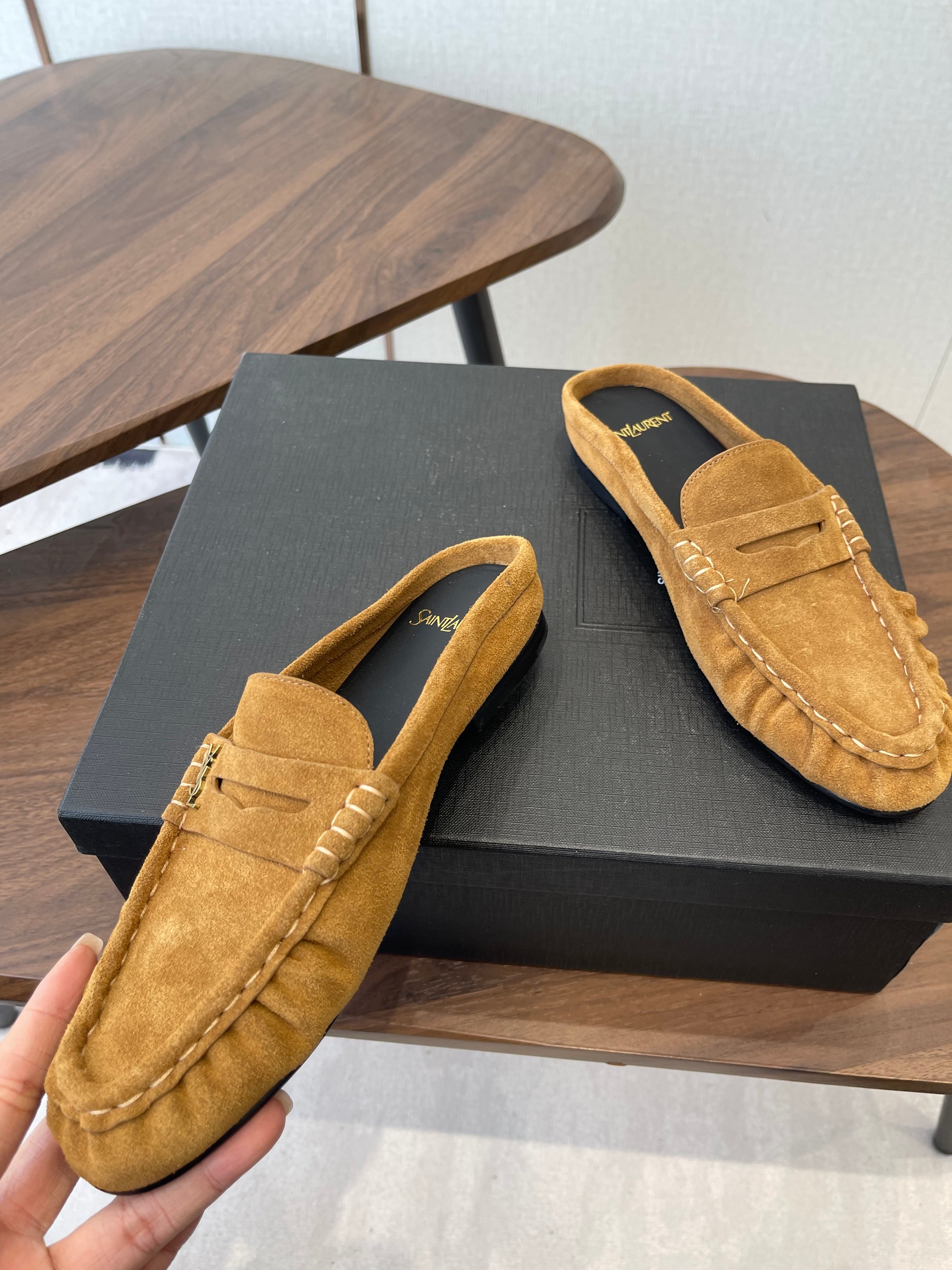 YSL 26S LOAFER MULES IN CAMEL BROWN SUEDE