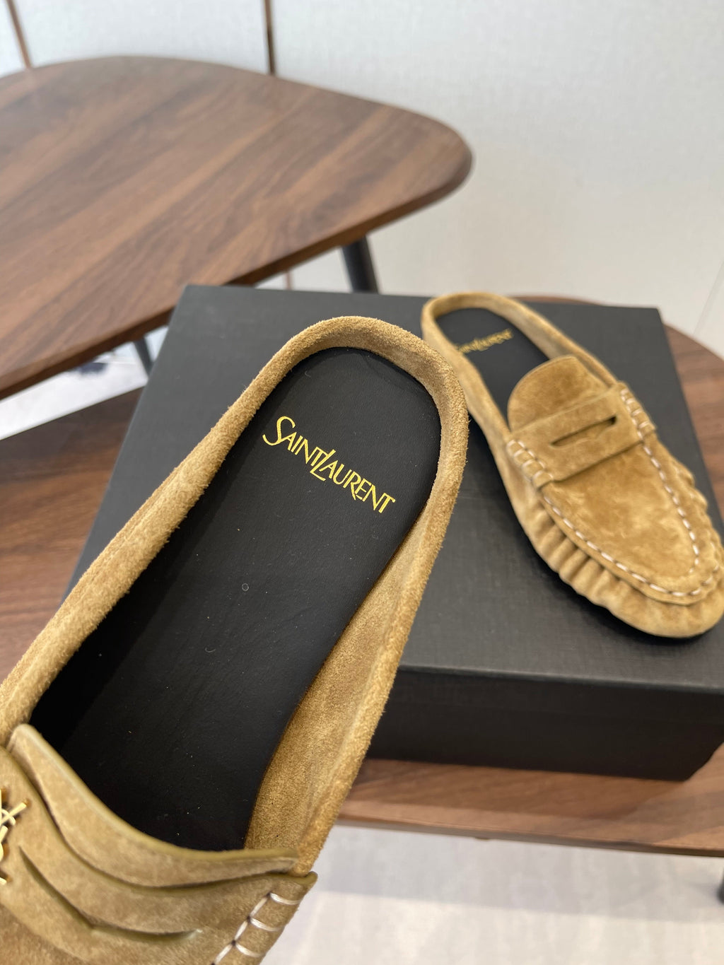 YSL 26S LOAFER MULES IN LIGHT BROWN SUEDE