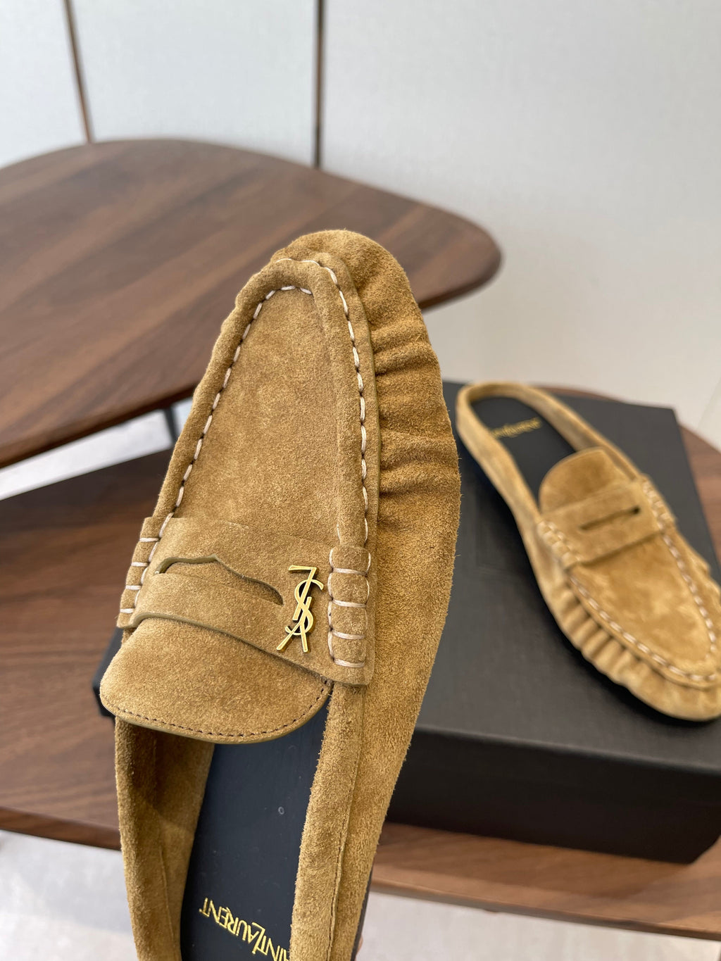 YSL 26S LOAFER MULES IN LIGHT BROWN SUEDE