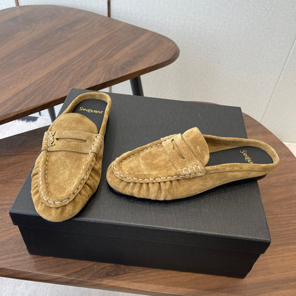 YSL 26S LOAFER MULES IN LIGHT BROWN SUEDE