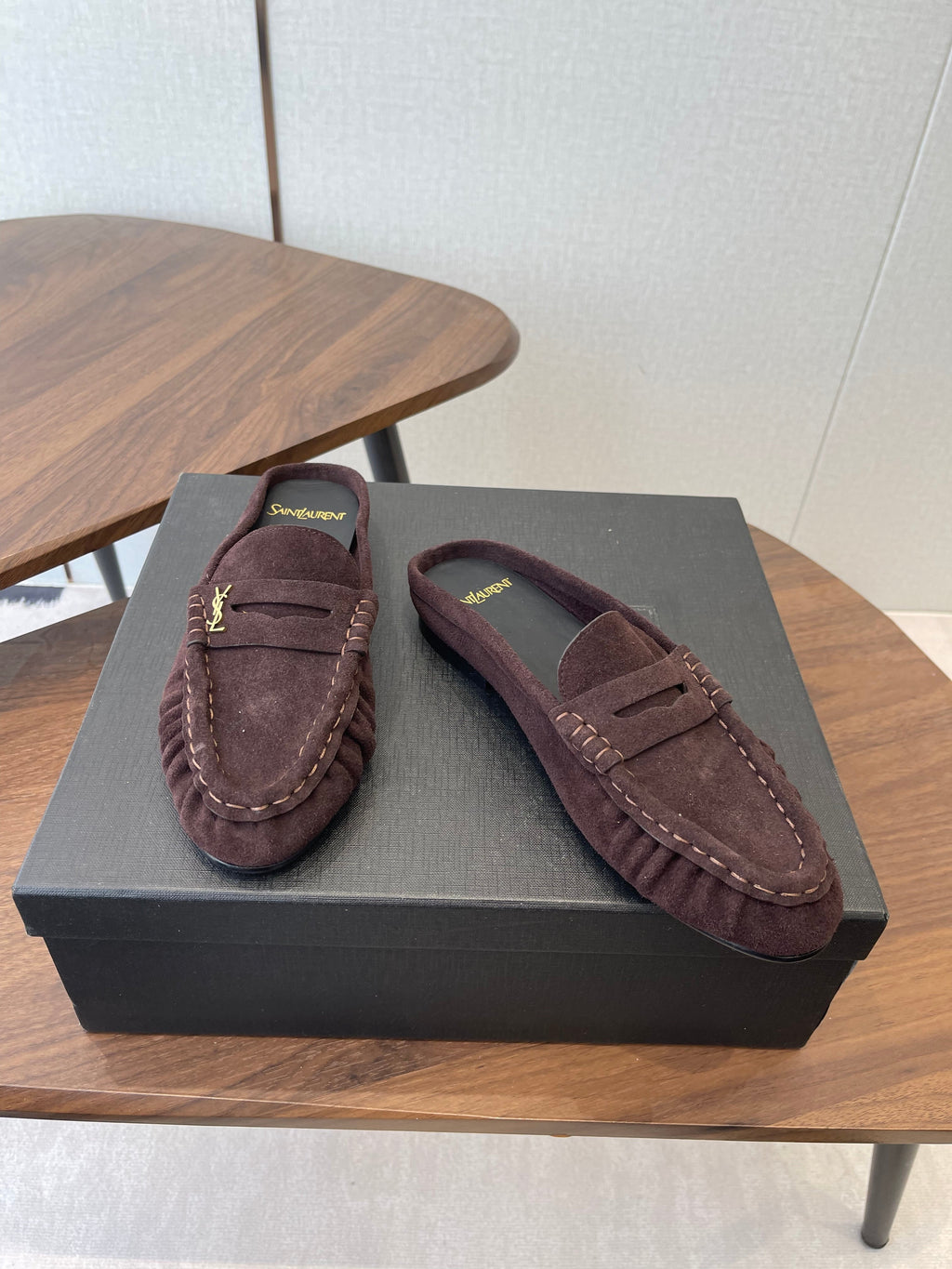 YSL 26S LOAFER MULES IN DARK PLUM BROWN SUEDE