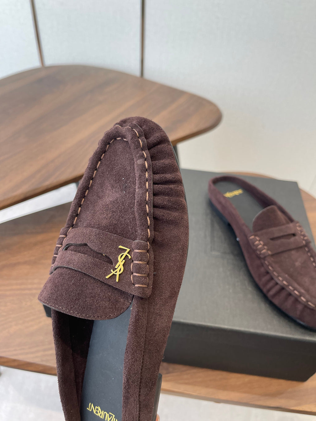 YSL 26S LOAFER MULES IN DARK PLUM BROWN SUEDE