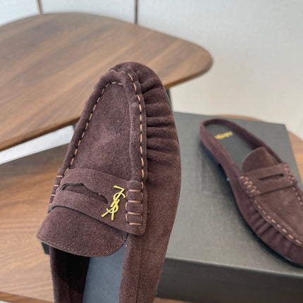 YSL 26S LOAFER MULES IN DARK PLUM BROWN SUEDE