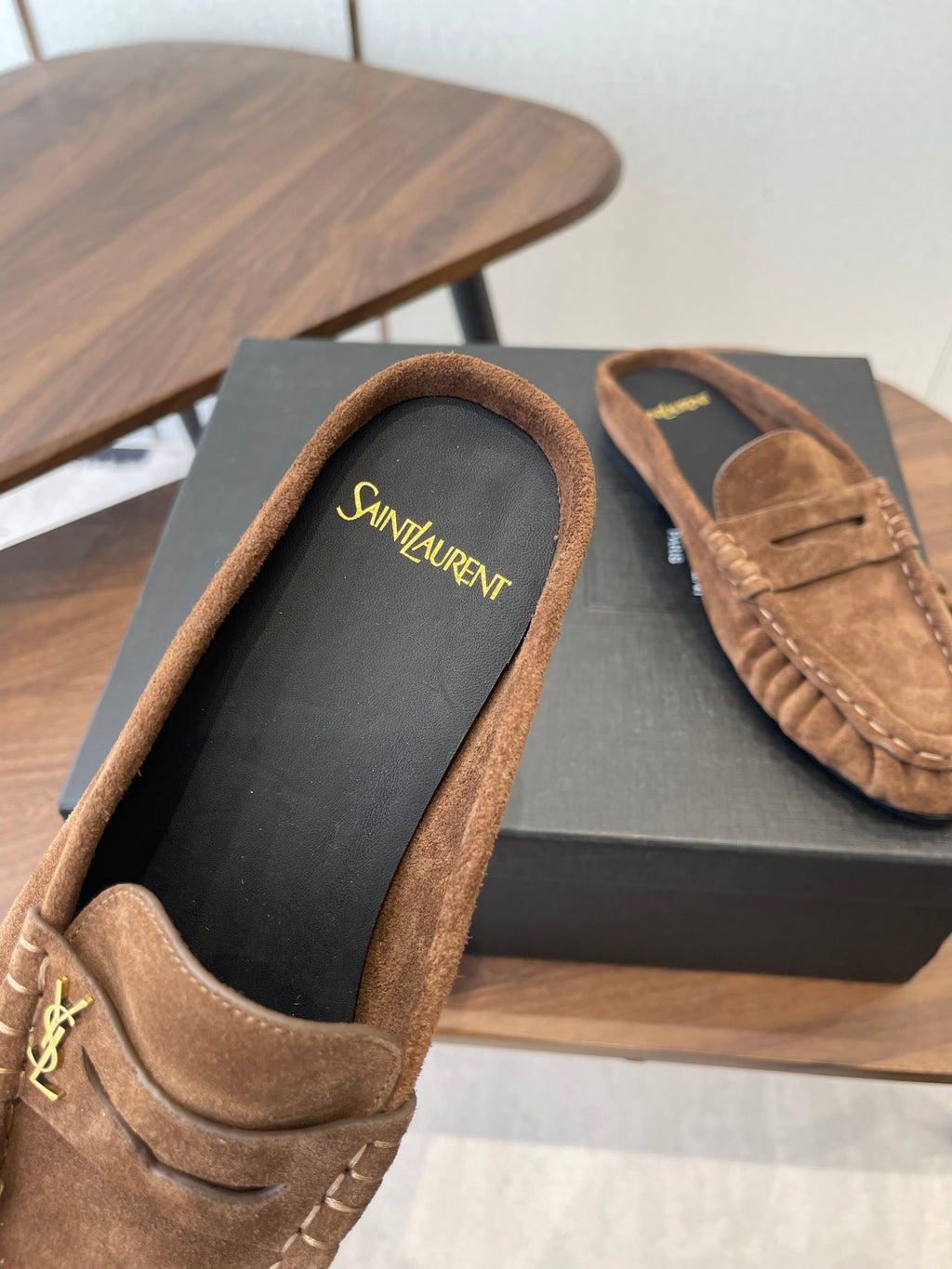 YSL 26S LOAFER MULES IN BROWN SUEDE