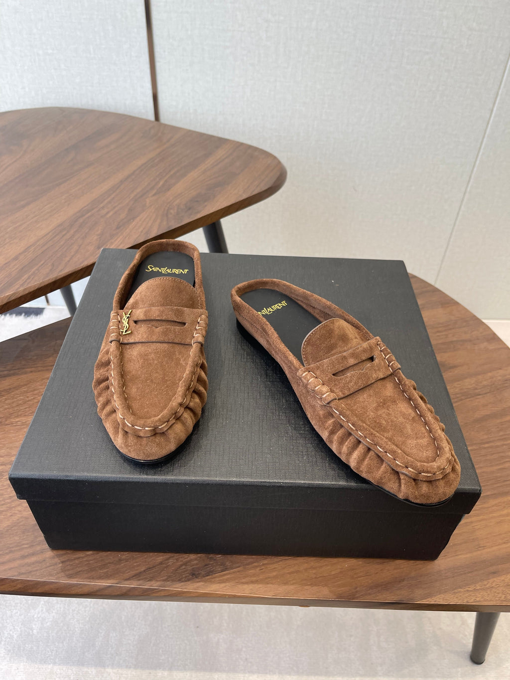 YSL 26S LOAFER MULES IN BROWN SUEDE