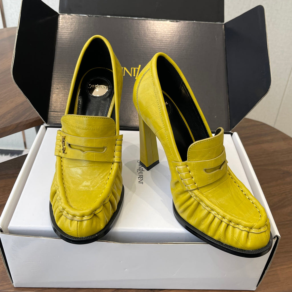 YSL 26S HEELED LOAFERS 100 MM IN YELLOW CALFSKIN