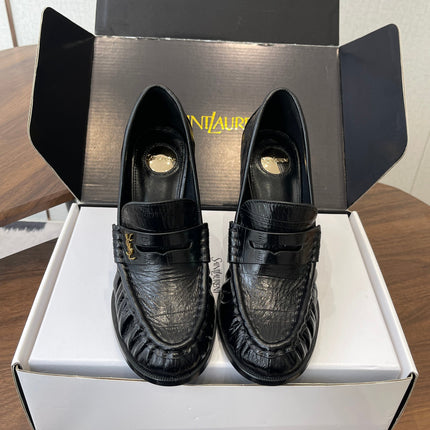 YSL 26S HEELED LOAFERS 100 MM IN BLACK SHINY CALFSKIN