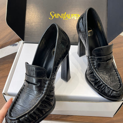 YSL 26S HEELED LOAFERS 100 MM IN BLACK SHINY CALFSKIN
