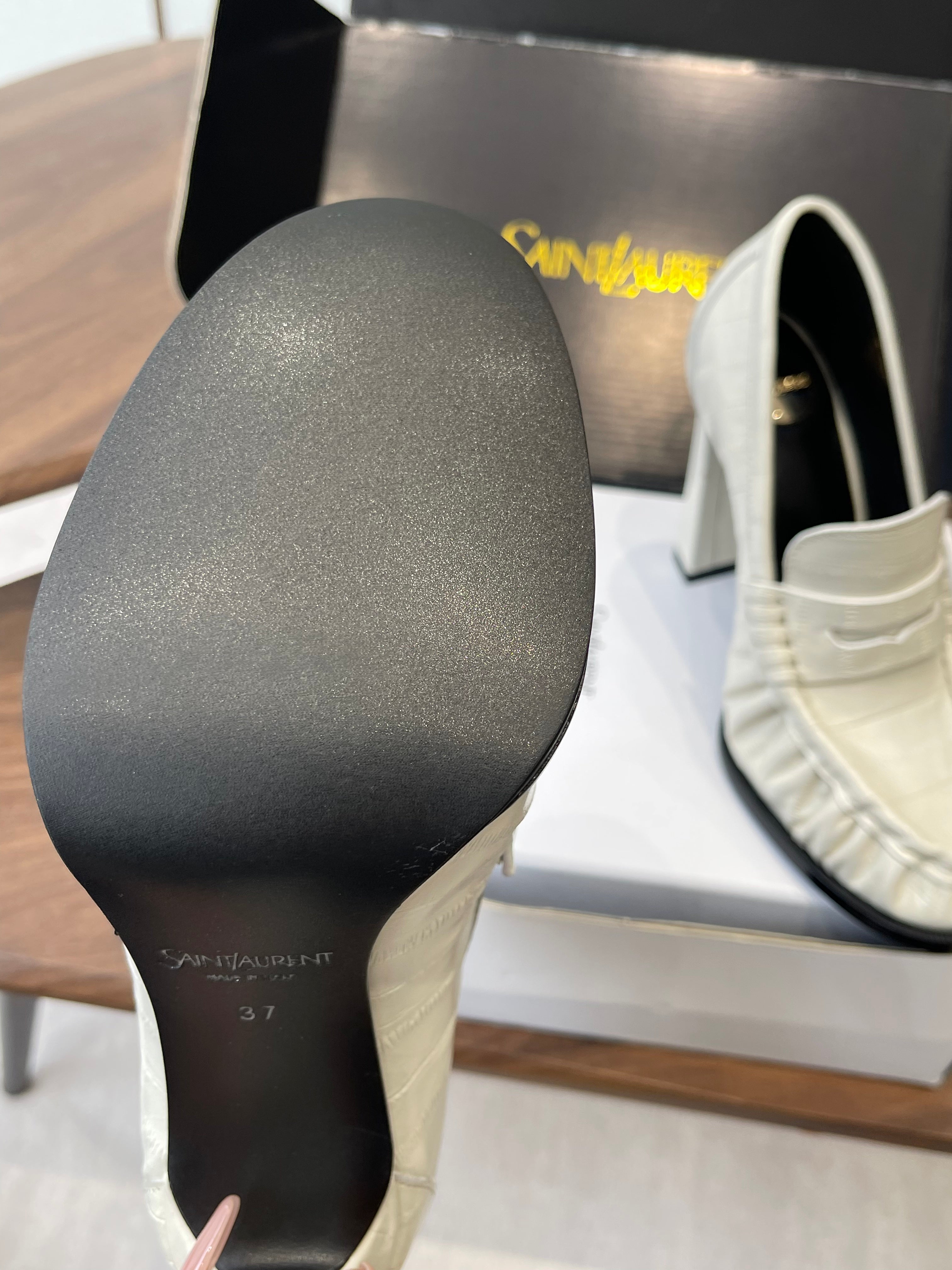 YSL 26S HEELED LOAFERS 100 MM IN WHITE CALFSKIN
