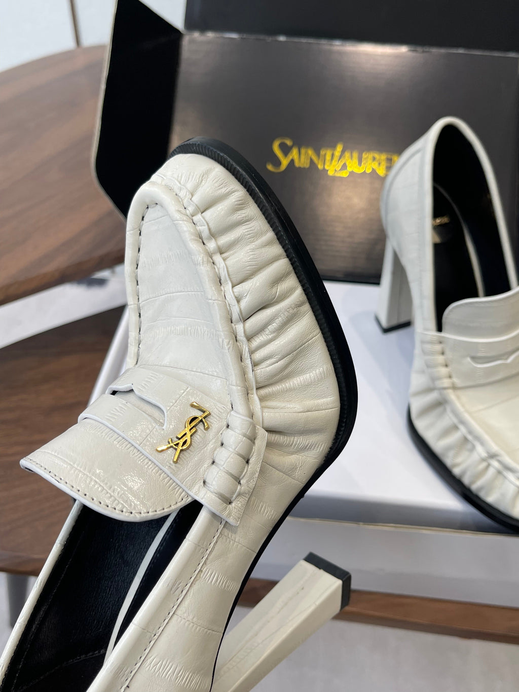 YSL 26S HEELED LOAFERS 100 MM IN WHITE CALFSKIN