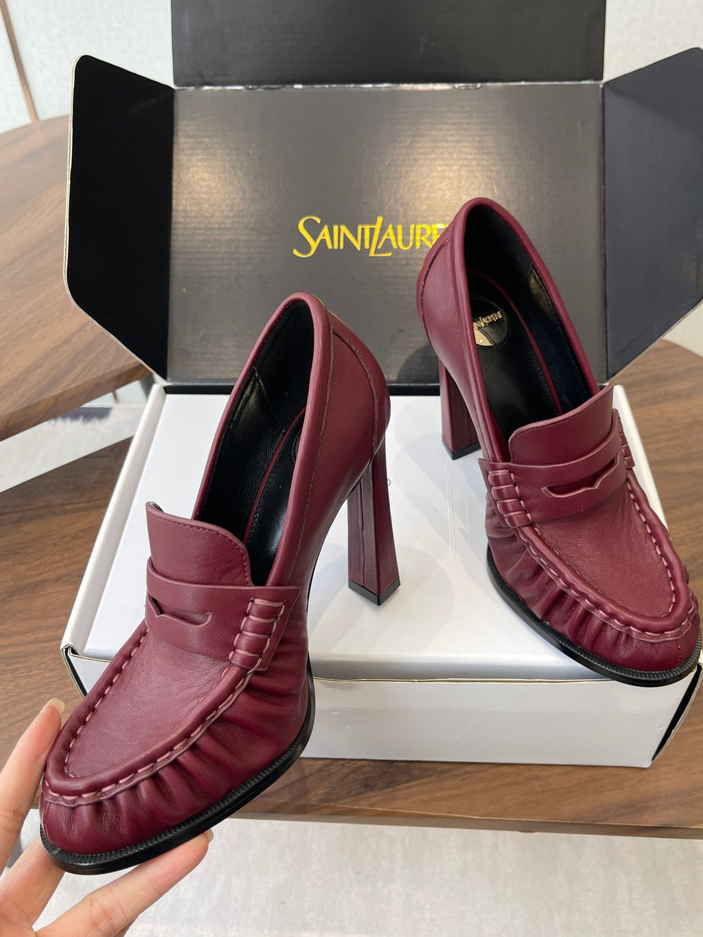 YSL 26S HEELED LOAFERS 100 MM IN DARK RED CALFSKIN