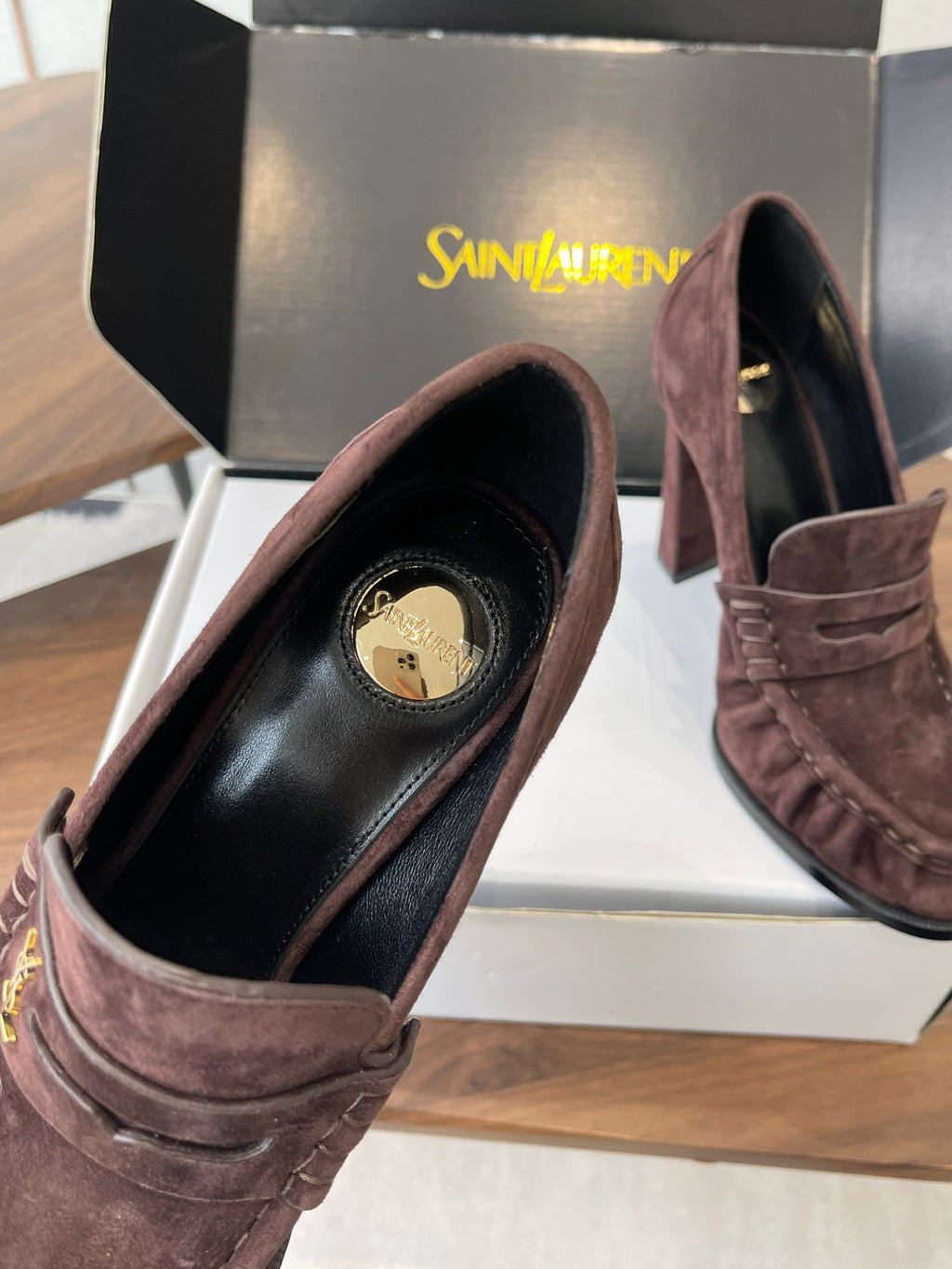 YSL 26S HEELED LOAFERS 100 MM IN WINE BROWN SUEDE