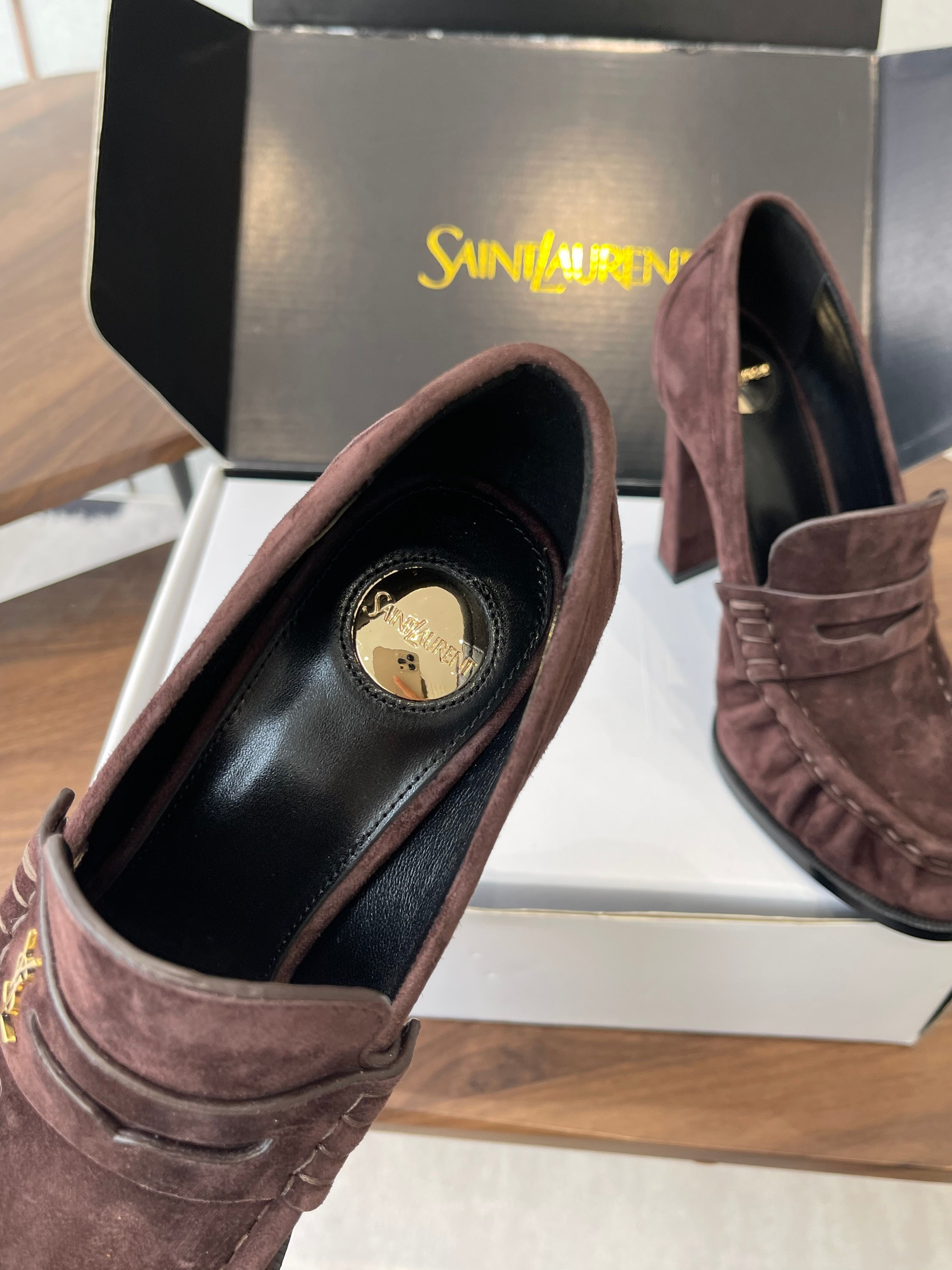 YSL 26S HEELED LOAFERS 100 MM IN WINE BROWN SUEDE