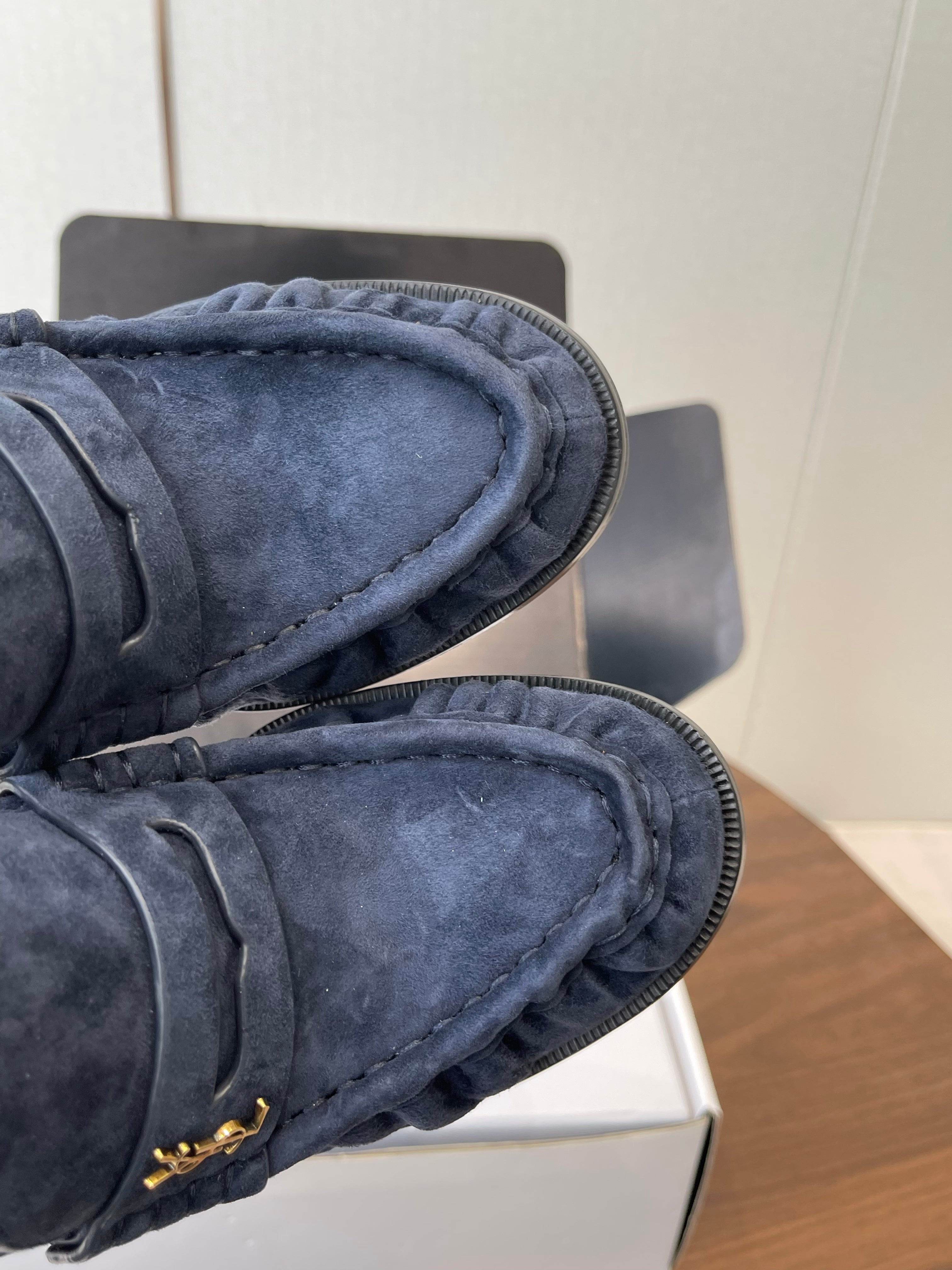 YSL 26S HEELED LOAFERS 100 MM IN DARK STEEL BLUE SUEDE