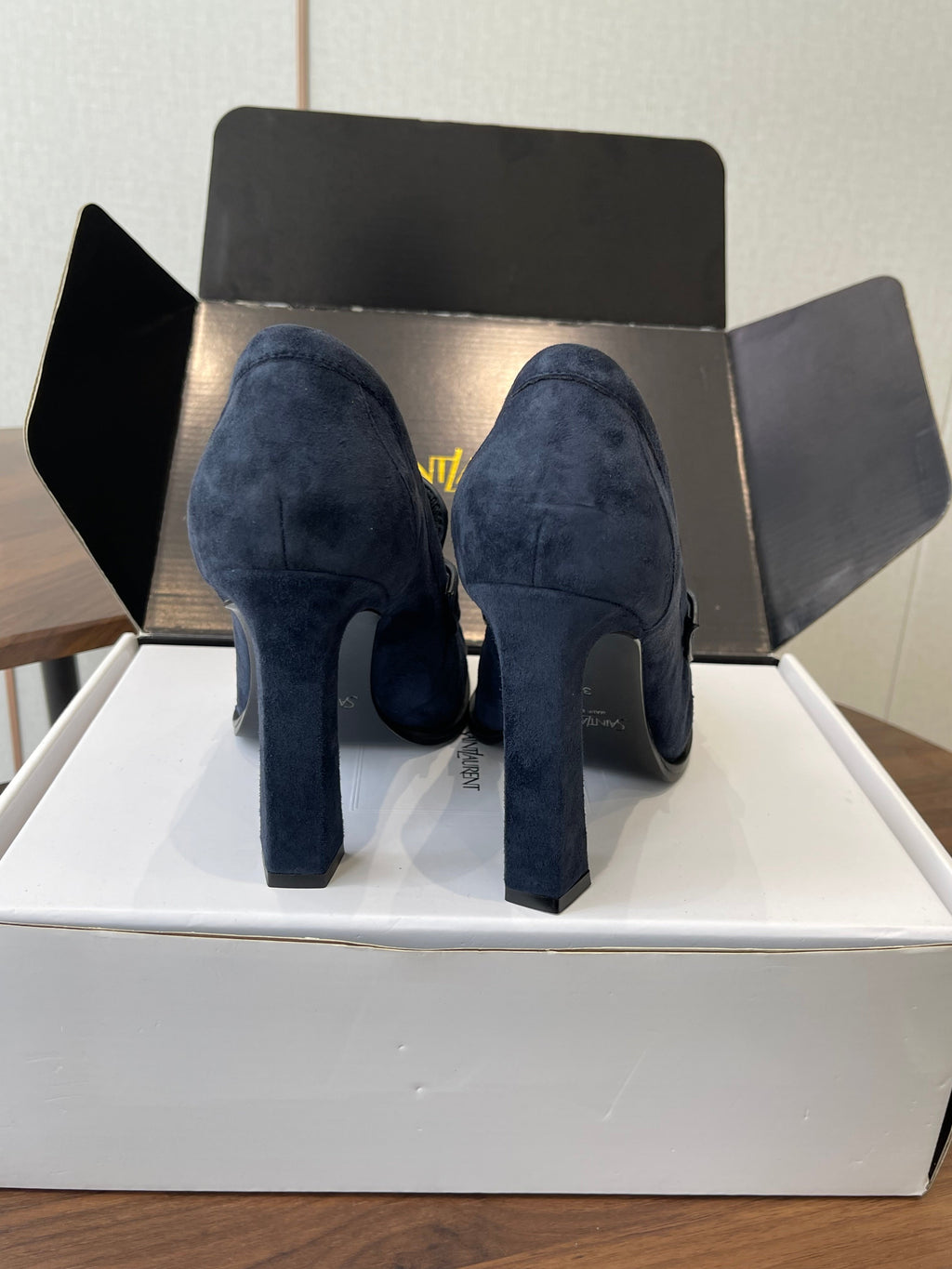 YSL 26S HEELED LOAFERS 100 MM IN DARK STEEL BLUE SUEDE