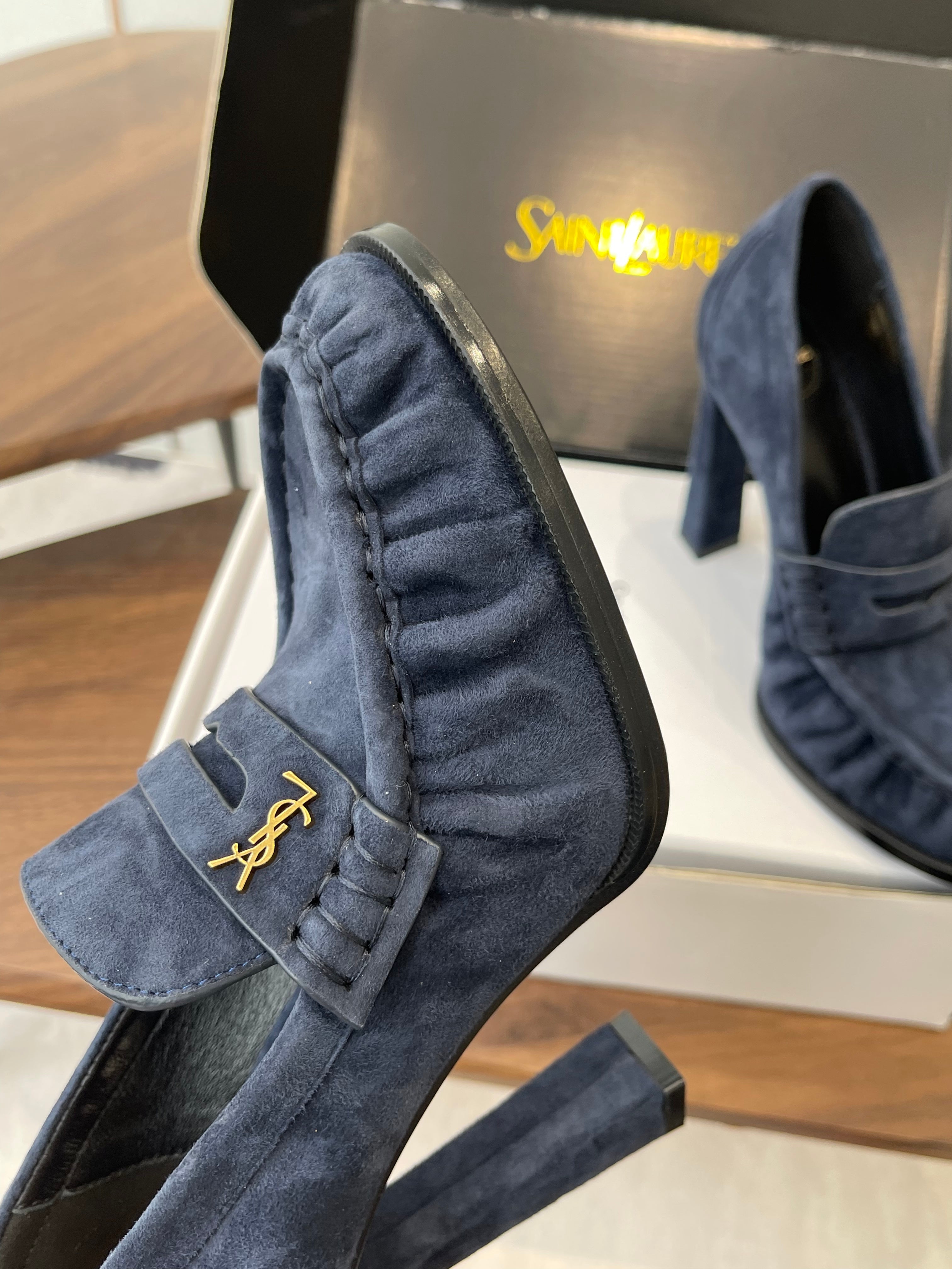 YSL 26S HEELED LOAFERS 100 MM IN DARK STEEL BLUE SUEDE