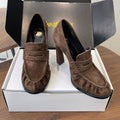YSL 26S HEELED LOAFERS 100 MM IN DARK BROWN SUEDE