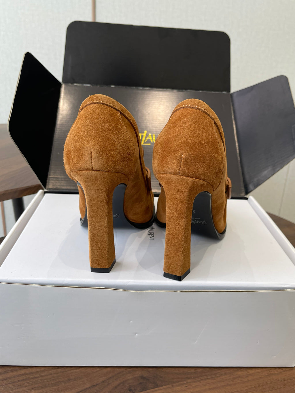 YSL 26S HEELED LOAFERS 100 MM IN BROWN SUEDE