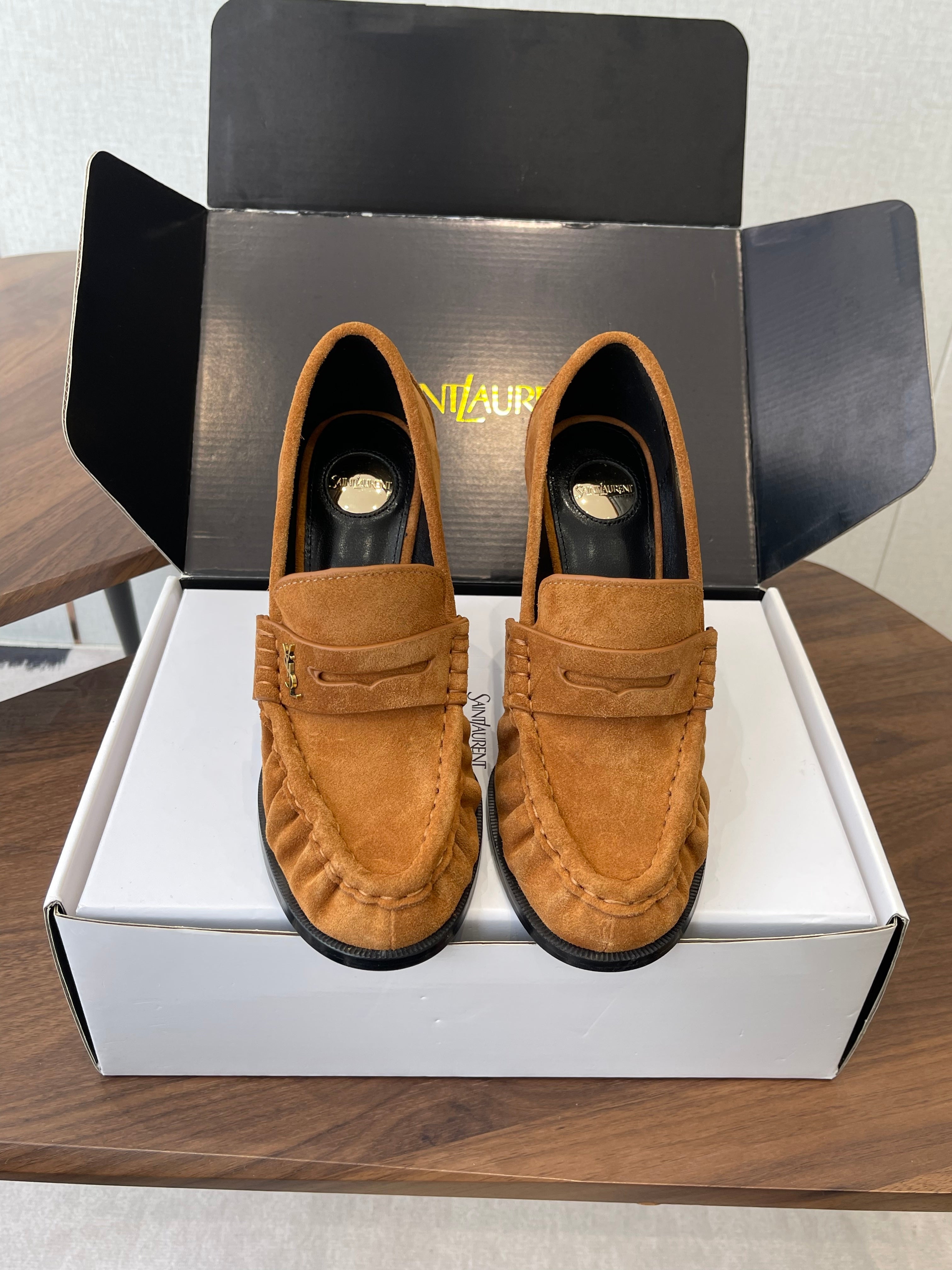 YSL 26S HEELED LOAFERS 100 MM IN BROWN SUEDE