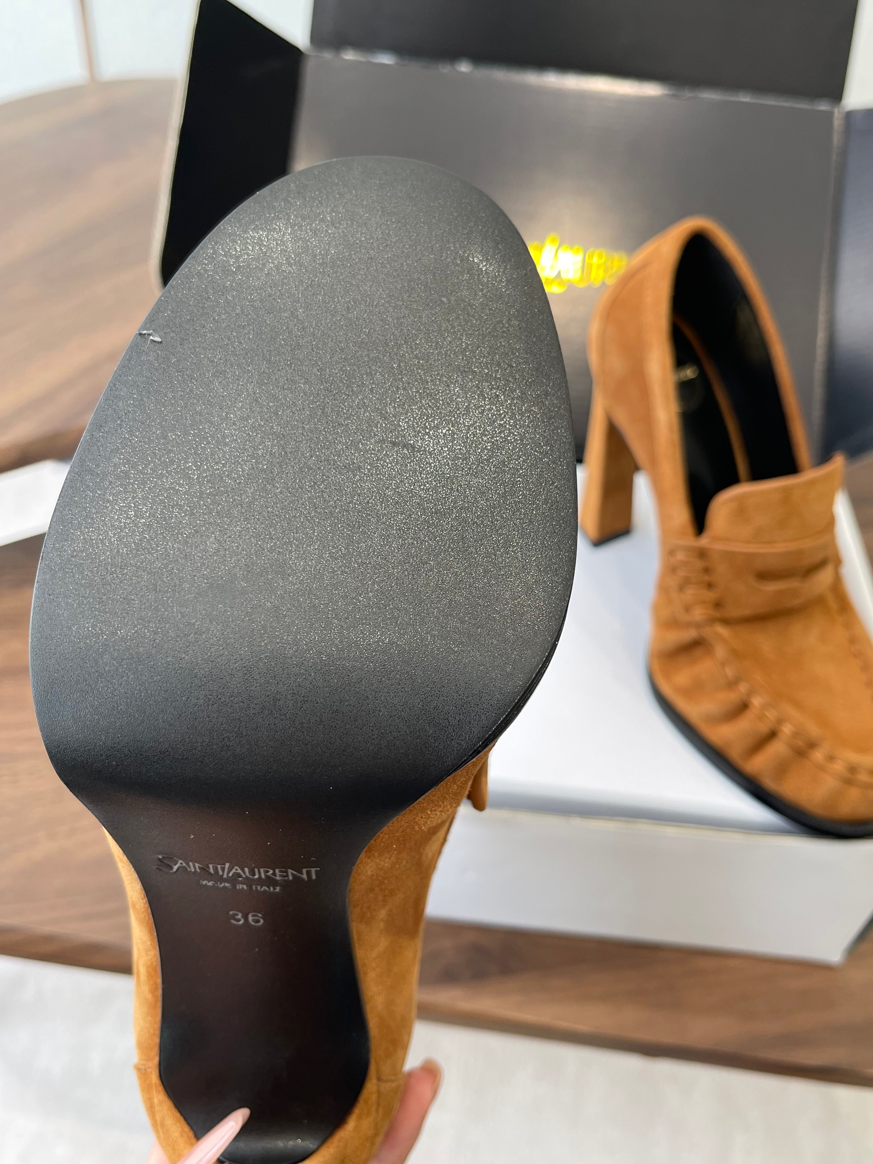 YSL 26S HEELED LOAFERS 100 MM IN BROWN SUEDE