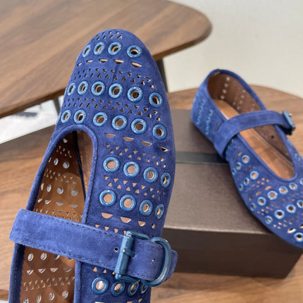 ALAIA 26S MARY JANE FLATS IN DARK BLUE SUEDE