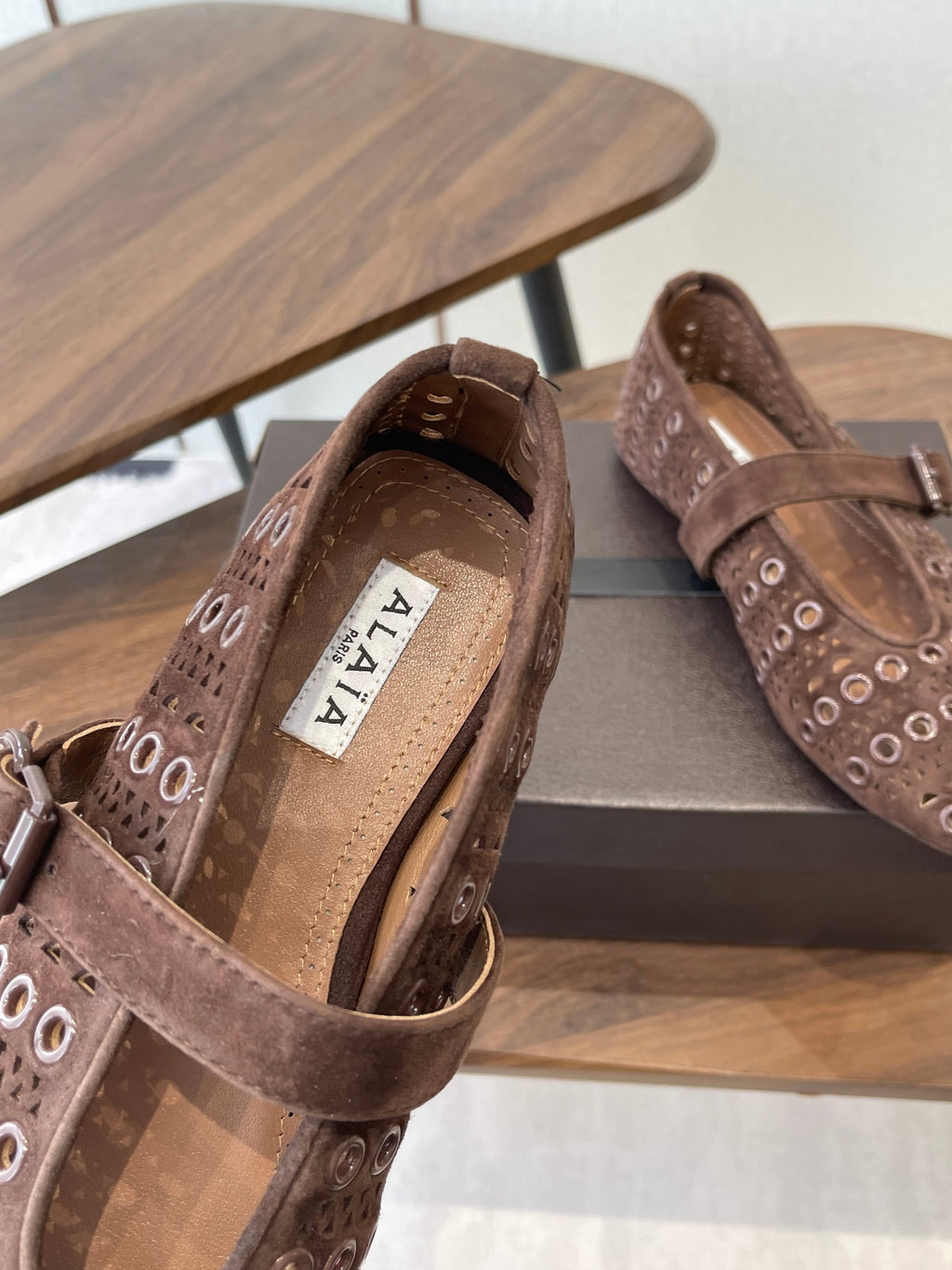 ALAIA 26S MARY JANE FLATS IN DARK BROWN SUEDE STYLE 1