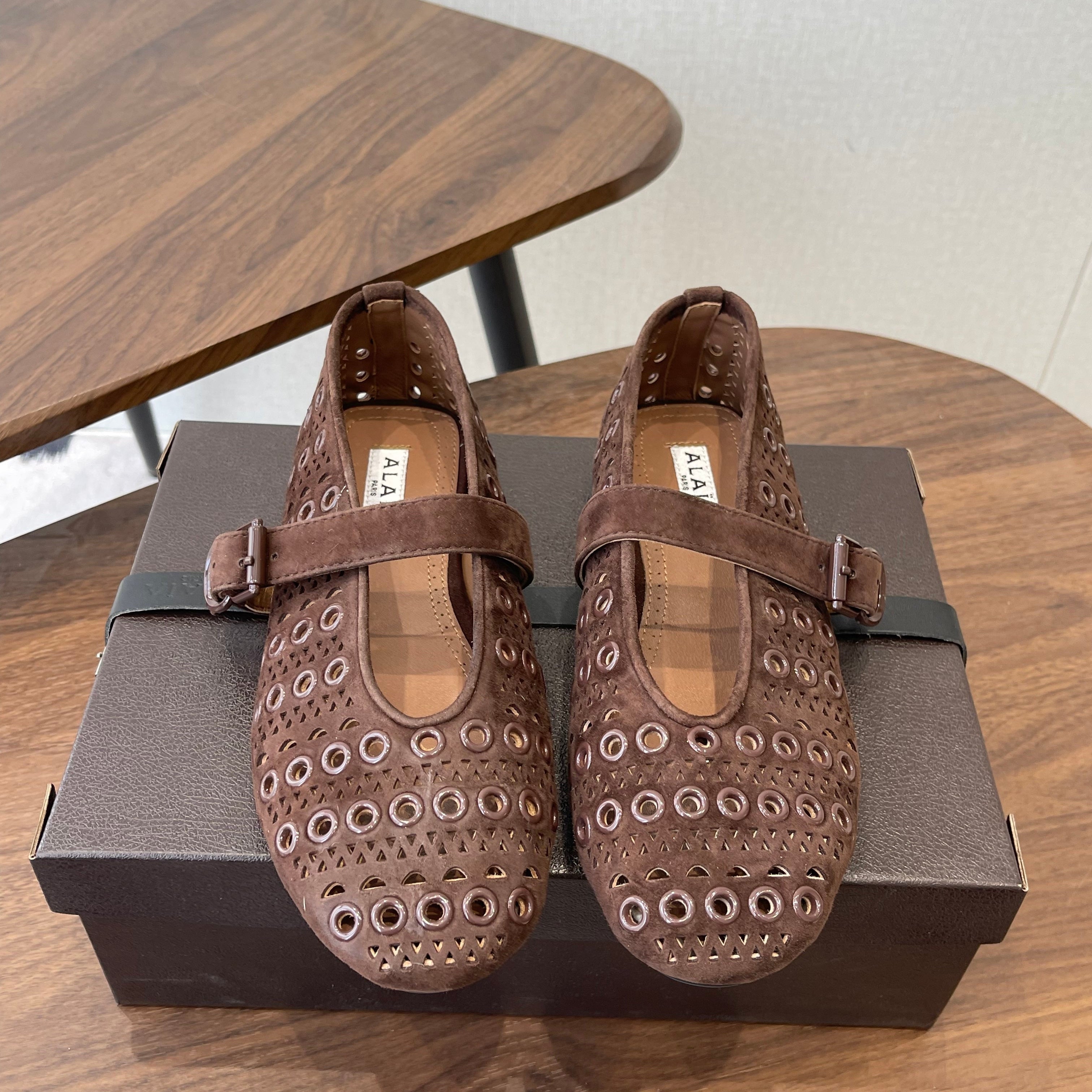 ALAIA 26S MARY JANE FLATS IN DARK BROWN SUEDE STYLE 1
