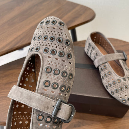 ALAIA 26S MARY JANE FLATS IN GREIGE BROWN SUEDE