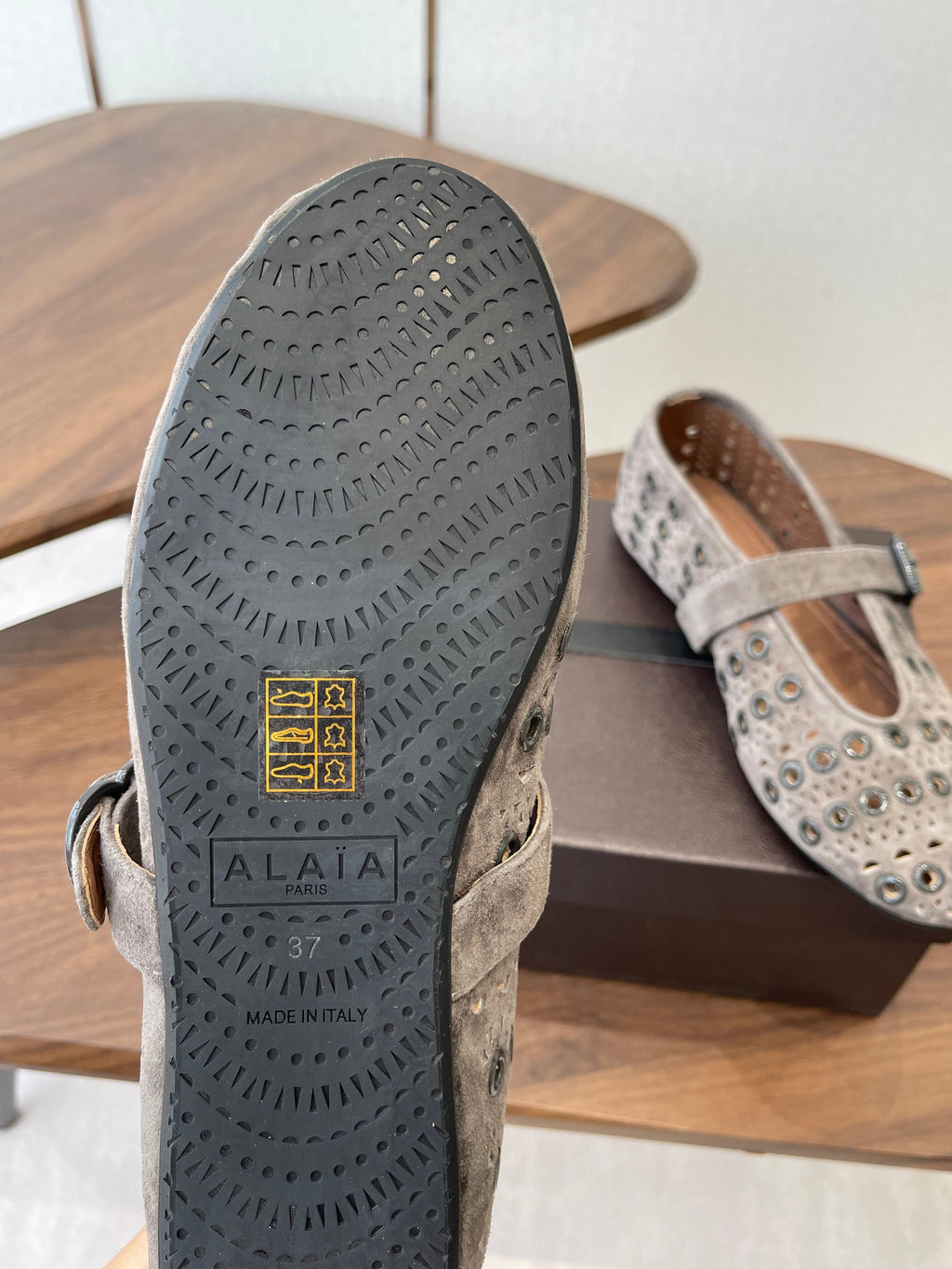 ALAIA 26S MARY JANE FLATS IN GREIGE BROWN SUEDE