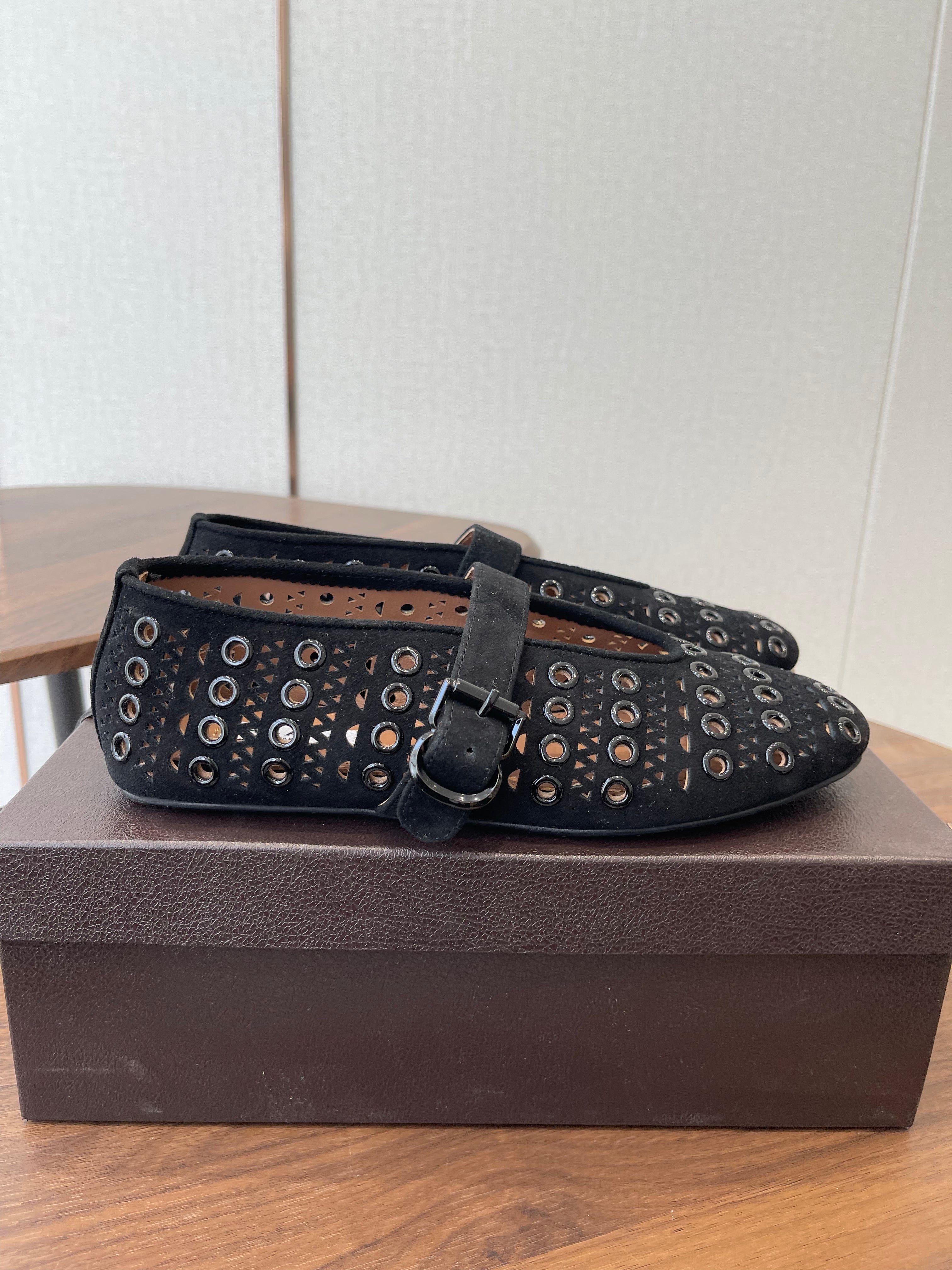 ALAIA 26S MARY JANE FLATS IN BLACK SUEDE