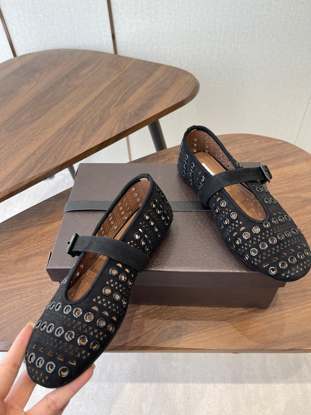 ALAIA 26S MARY JANE FLATS IN BLACK SUEDE