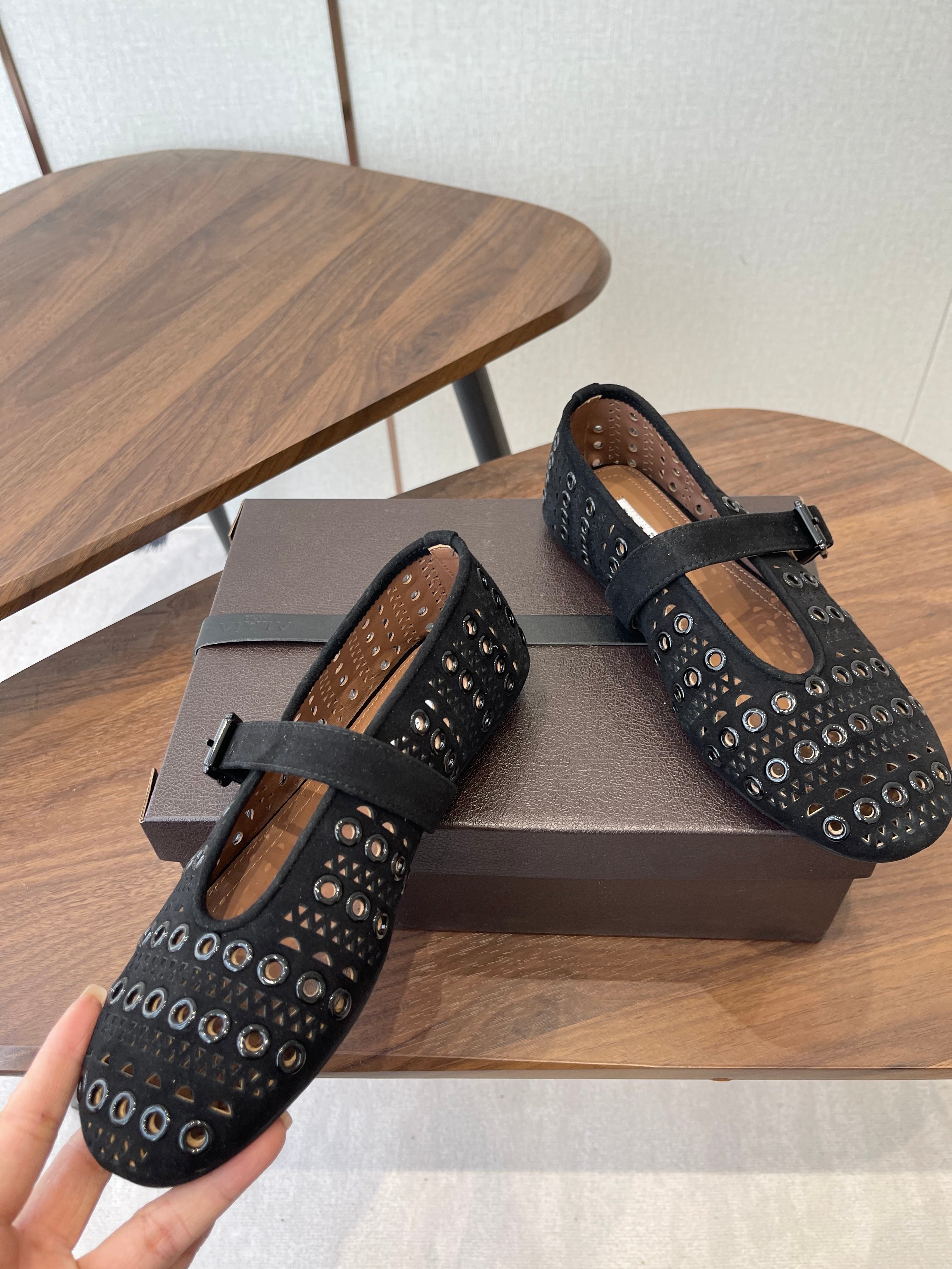 ALAIA 26S MARY JANE FLATS IN BLACK SUEDE