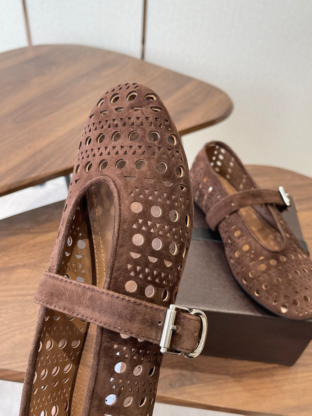 ALAIA 26S MARY JANE FLATS IN DARK BROWN SUEDE