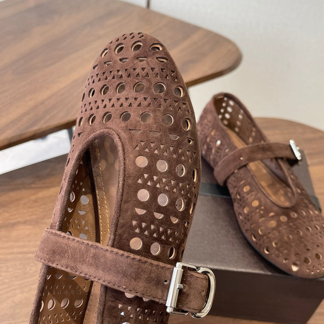 ALAIA 26S MARY JANE FLATS IN DARK BROWN SUEDE