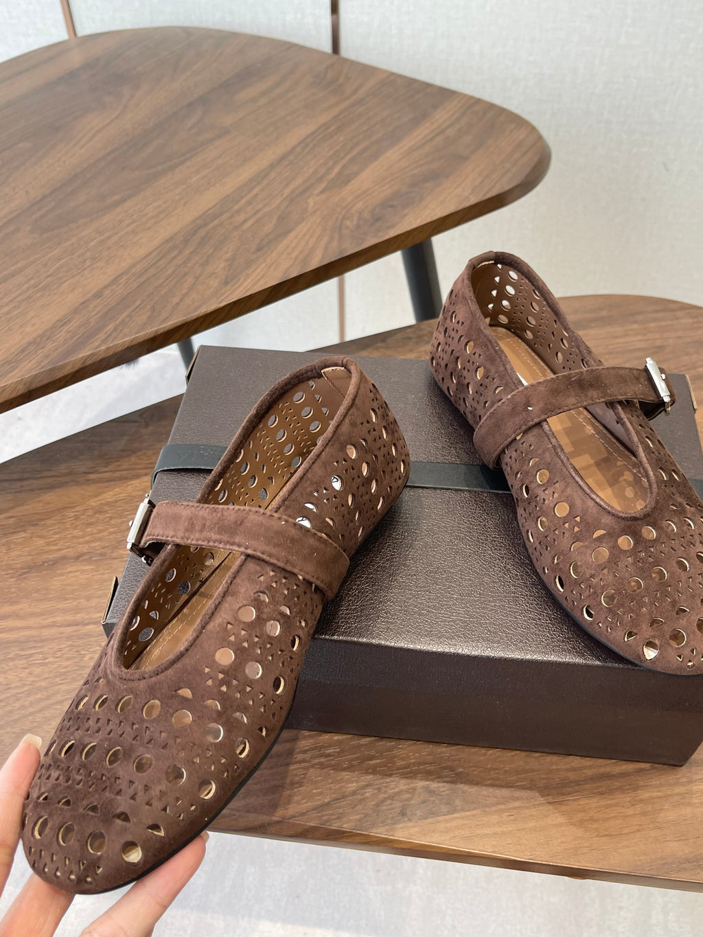 ALAIA 26S MARY JANE FLATS IN DARK BROWN SUEDE