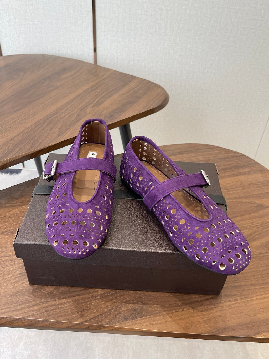 ALAIA 26S MARY JANE FLATS IN DARK PURPLE SUEDE