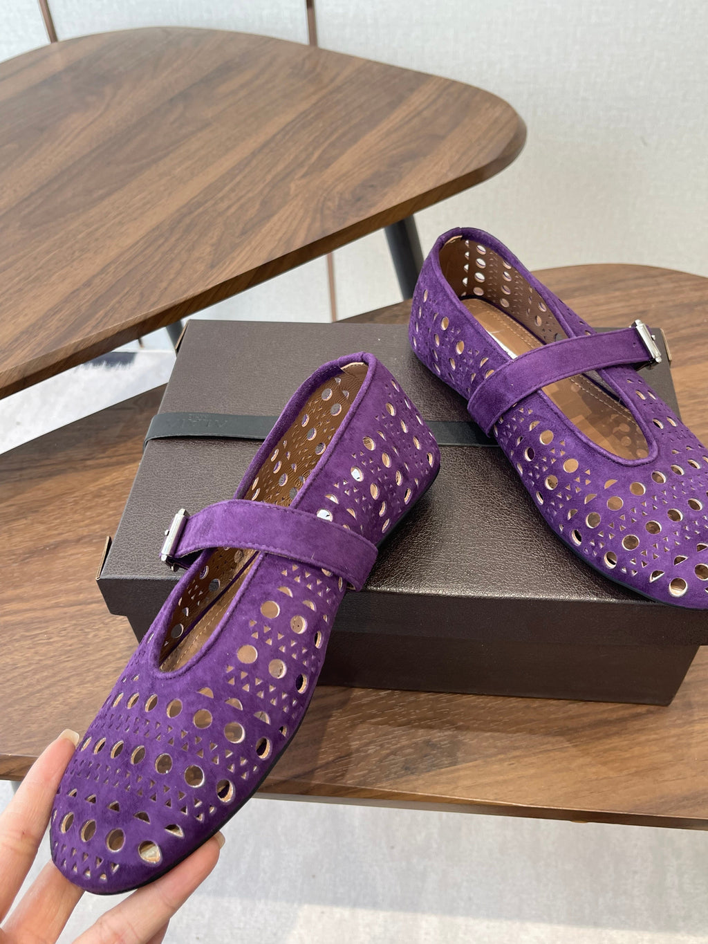 ALAIA 26S MARY JANE FLATS IN DARK PURPLE SUEDE