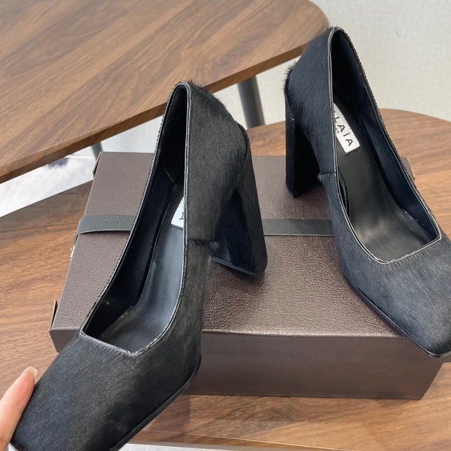 ALAIA 26S SQUARE-TOE HIGH HEELS 95 MM IN BLACK PONY HAIR