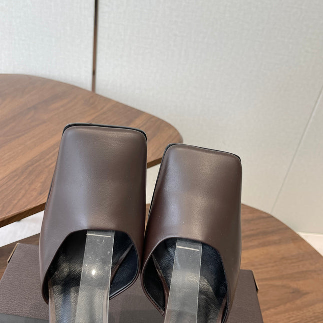 ALAIA 26S SQUARE-TOE HIGH HEELS 95 MM IN DARK BROWN CALFSKIN