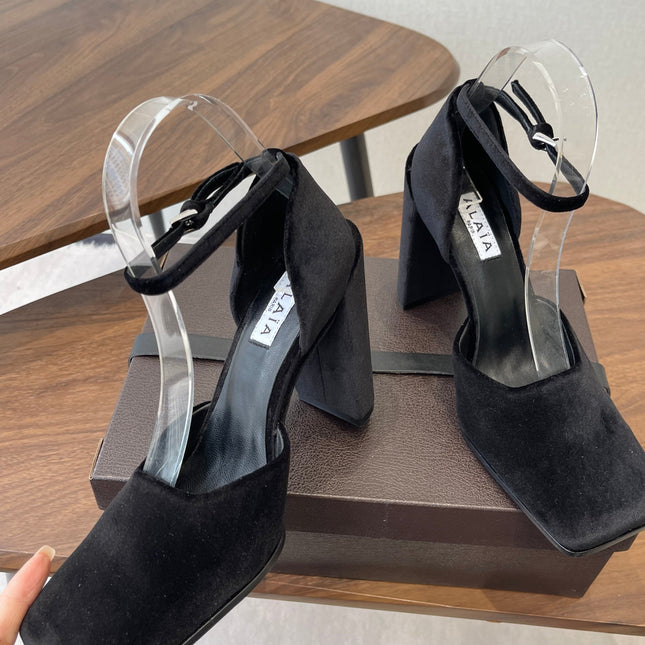 ALAIA 26S SQUARE-TOE HIGH HEELS 95 MM IN BLACK SUEDE