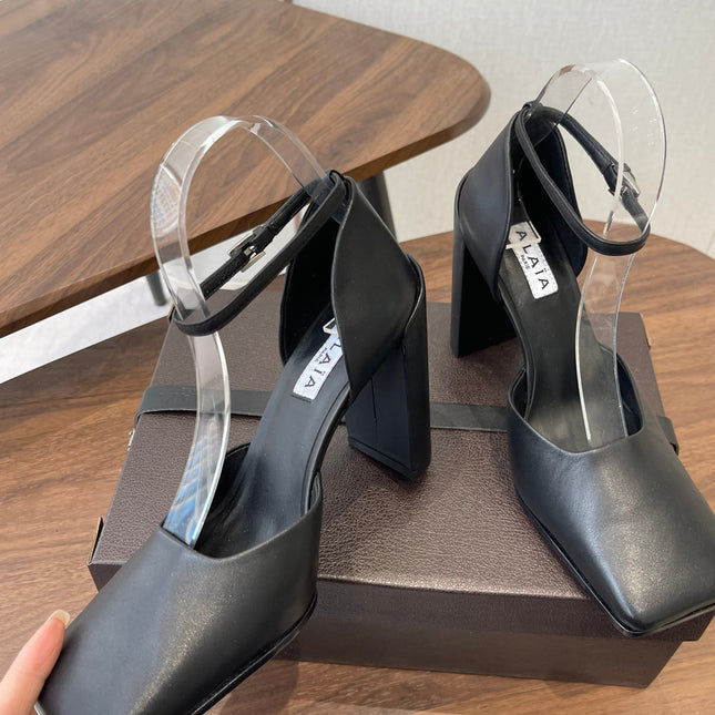 ALAIA 26S SQUARE-TOE HIGH HEELS 95 MM IN BLACK CALFSKIN