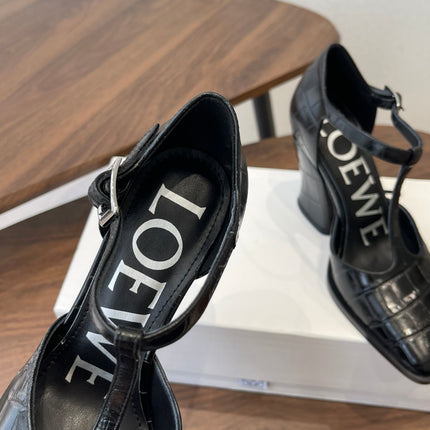LOEWE 26S ONDA 90MM T-STRAP HIGH-HEEL SHOES IN BLACK EMBOSSED CROCODILE CALFSKIN