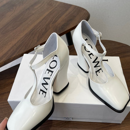 LOEWE 26S ONDA 90MM T-STRAP HIGH-HEEL SHOES IN WHITE GLOSSY CALFSKIN