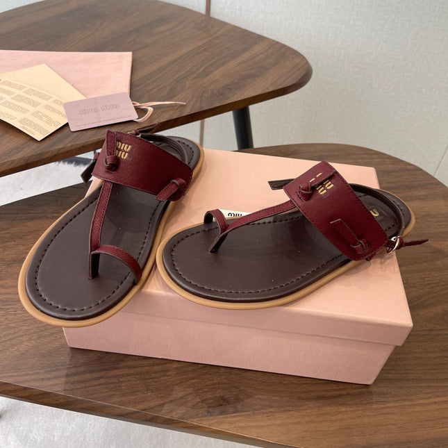 MIUMIU 26S FLIP FLOPS IN DARK BROWN AND BURGUNDY RED CALFSKIN
