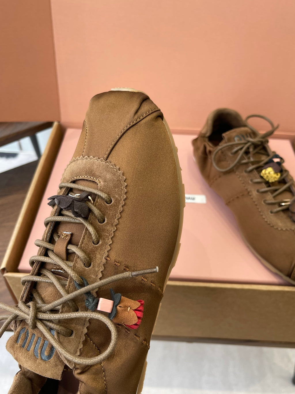 MIUMIU 26S SNEAKERS IN DARK BROWN PLUME SATIN