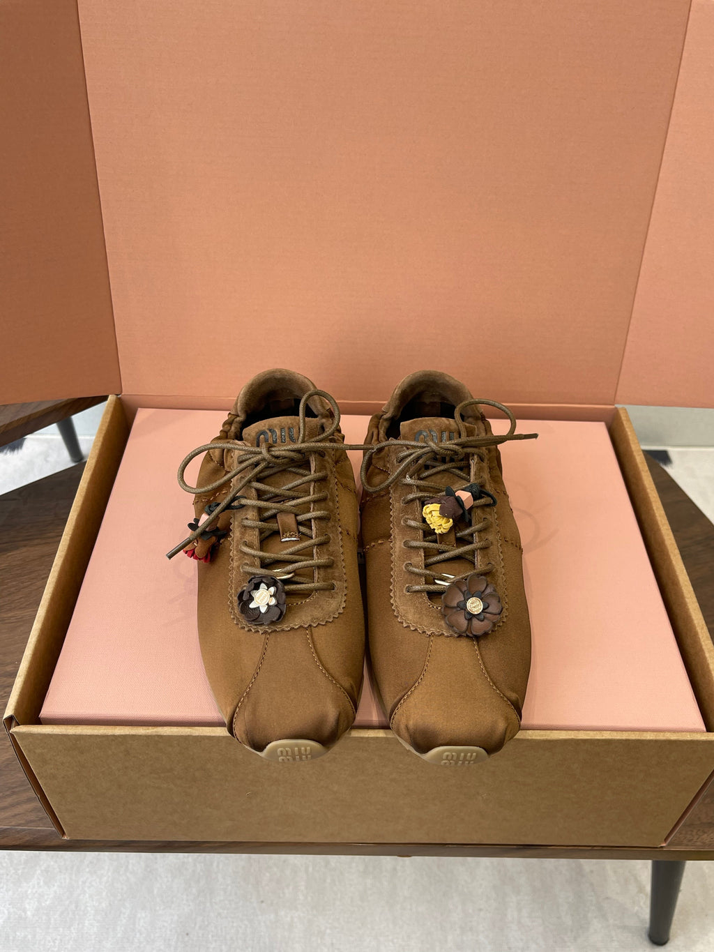 MIUMIU 26S SNEAKERS IN DARK BROWN PLUME SATIN