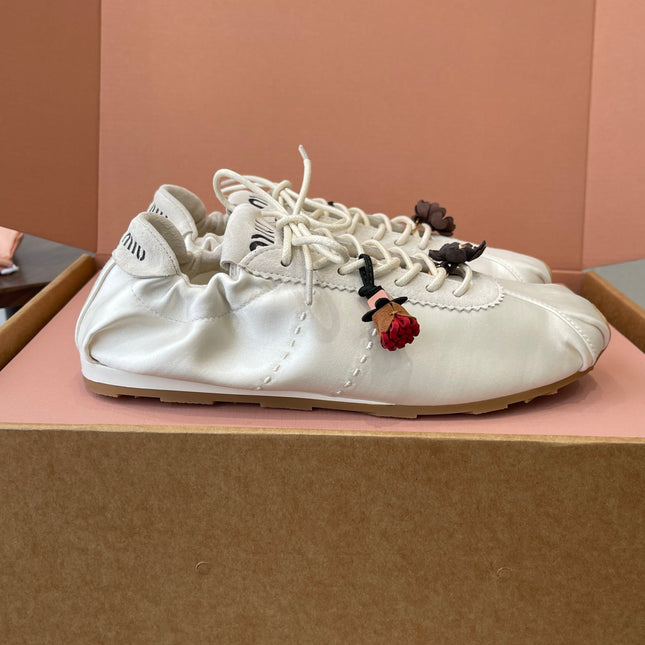 MIUMIU 26S SNEAKERS IN IVORY WHITE PLUME SATIN