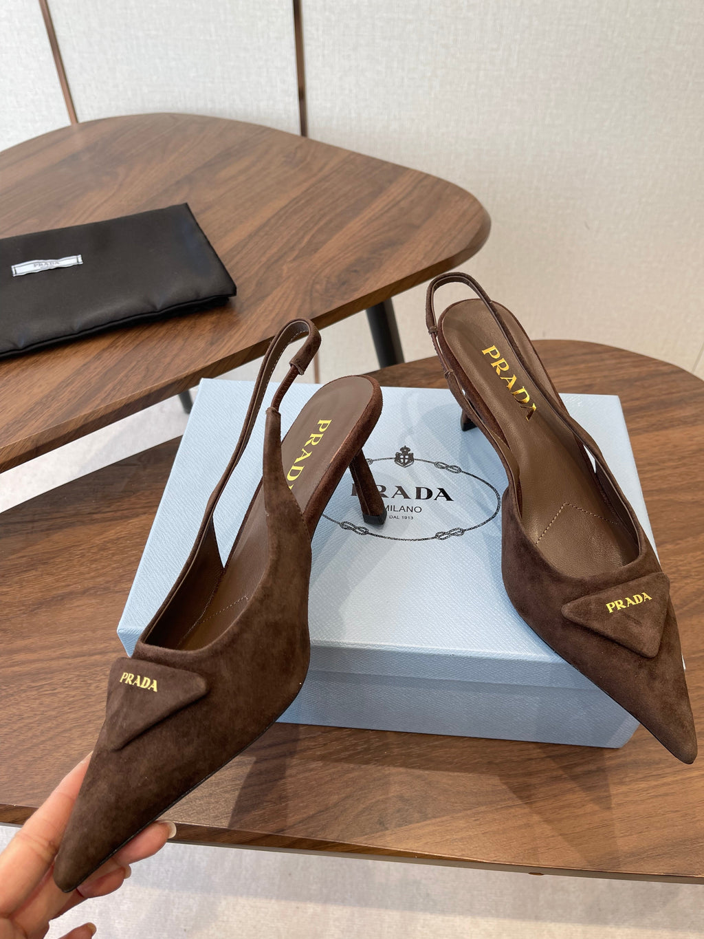 PRADA 26S SLINGBACK PUMPS 75MM IN DARK BROWN SUEDE WITH LOGO